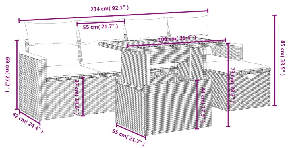 6 pcs conjunto sofás de jardim c/ almofadões vime PE preto