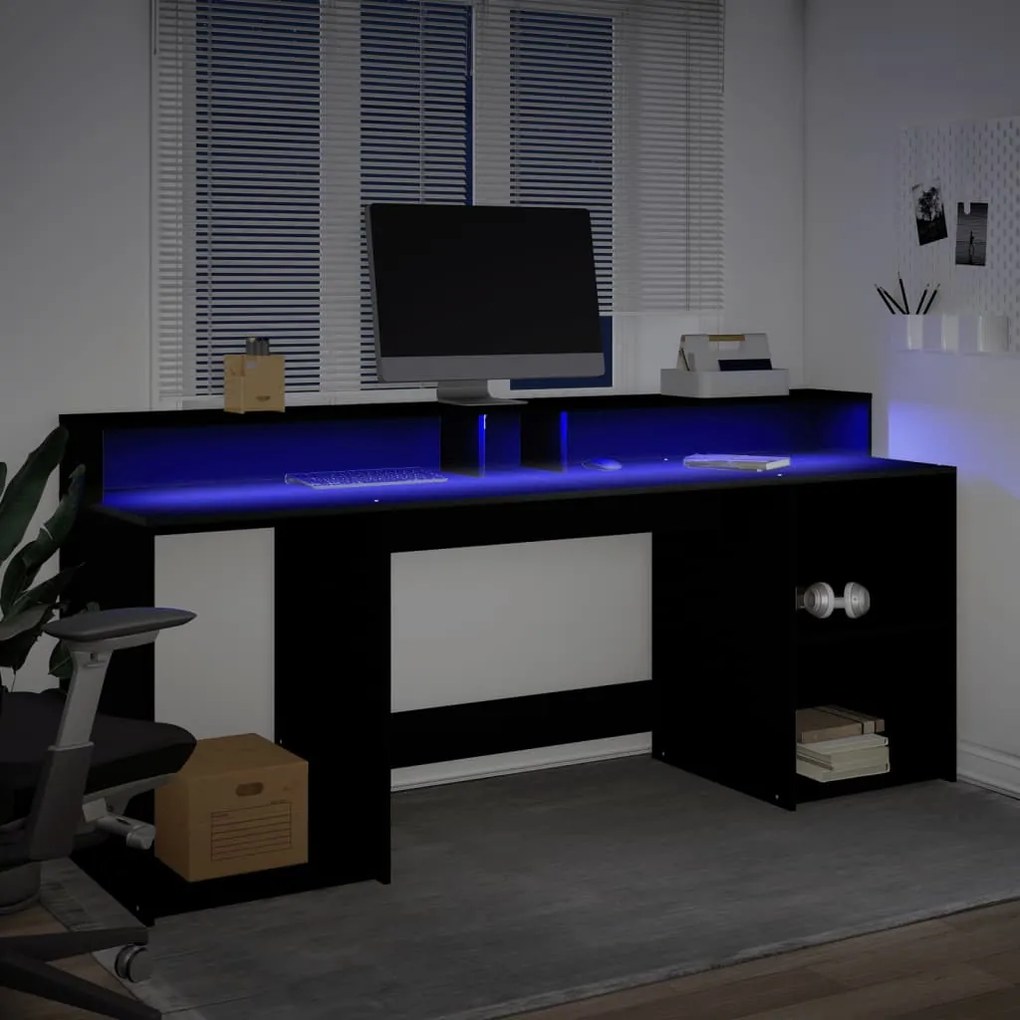 Secretária c/ luzes LED 200x55x91 cm derivados de madeira preto