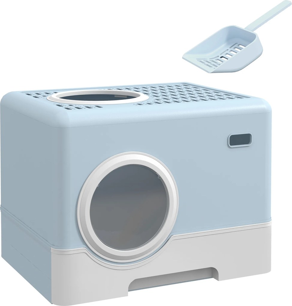 PawHut Caixa de Areia para Gatos com Pá Bandeja Removível 2 Portas Entrada Frontal e Saída Superior 52x41x38,5 cm Azul Claro | Aosom Portugal