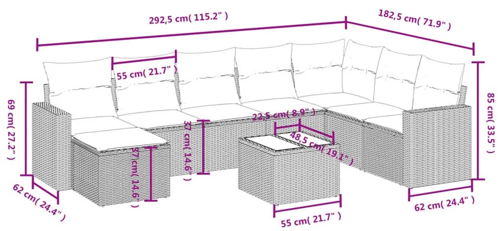 9 pcs conjunto sofás p/ jardim c/ almofadões vime PE castanho