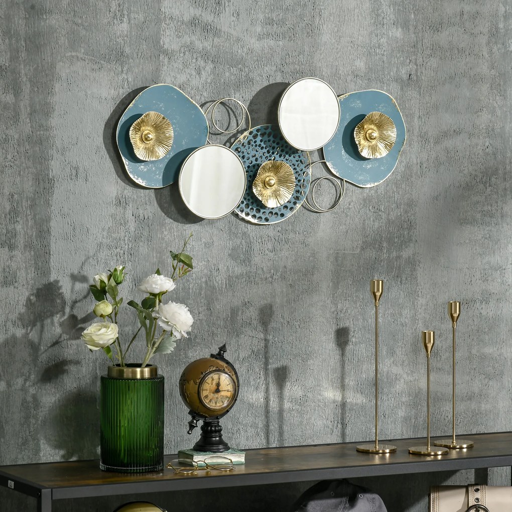 HOMCOM Decoração de Parede de Metal Espelho de Folhas de Flores 3D Arte de Parede Suspensa para Sala de Estar Dormitório Escritório 65x29cm Multicor