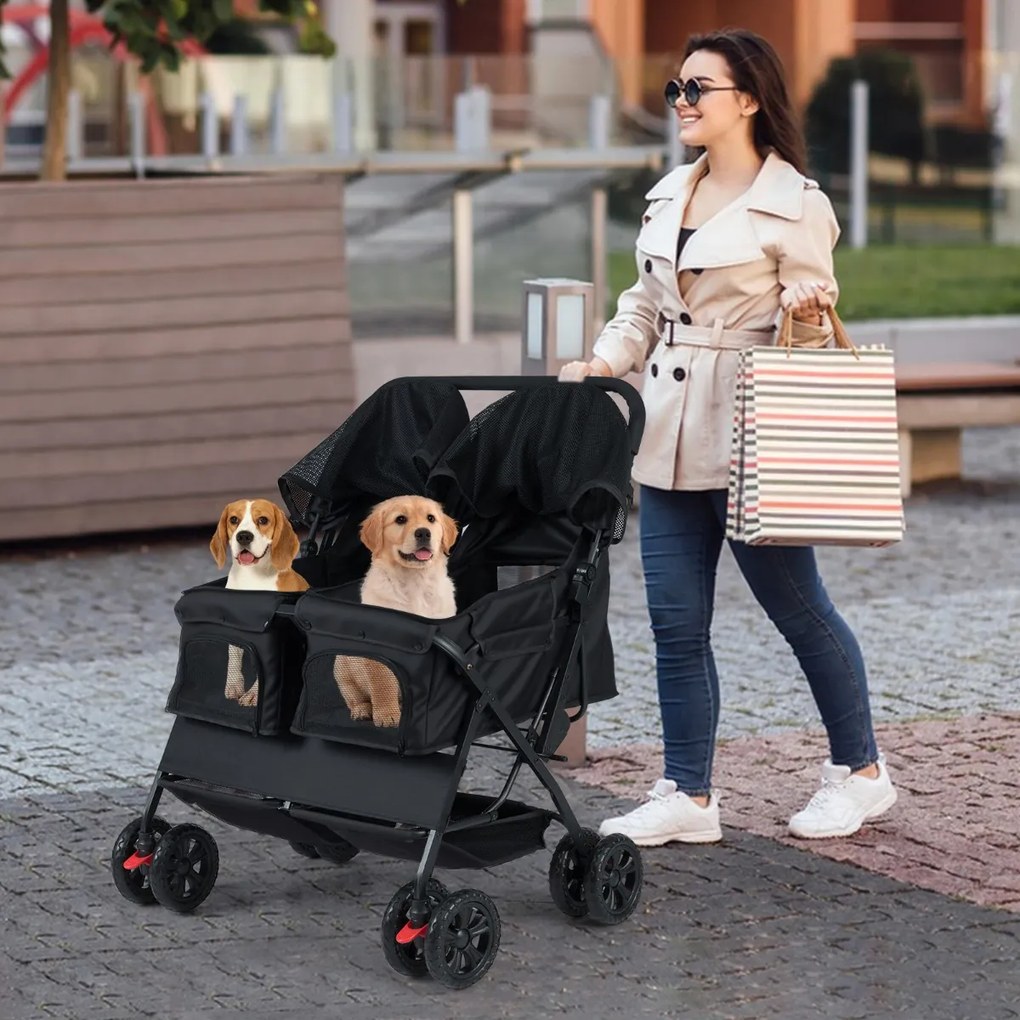 Carrinho duplo dobrável para animais de estimação com 2 assentos, guarda-sol ajustável e cesto de armazenamento para passeios, Preto