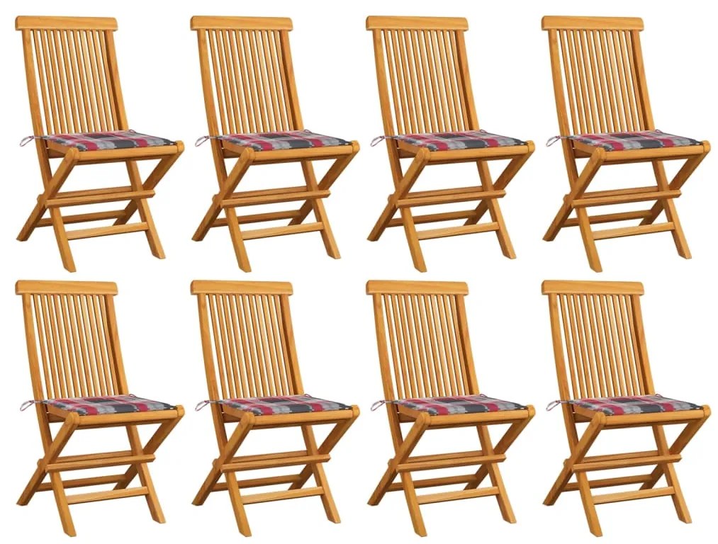 vidaXL Cadeiras de jardim c/ almofadões xadrez vermelho 8 pcs teca