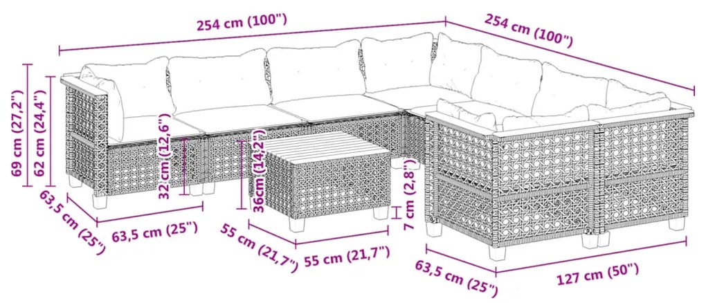 9 pcs conjunto sofás p/ jardim com almofadões vime PE cinzento