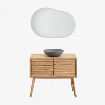 Conjunto De Móvel De Casa De Banho Em Madeira Deleyna Madeira Natural & Cimento Cinzento Redondo Ø40 Cm Tarsis & Oval Led E - Sklum