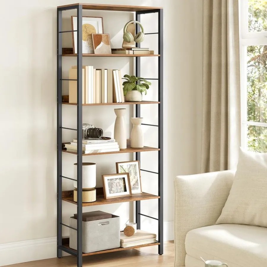 Estante com 6 prateleiras e painéis traseiros em design industrial 30 x 60 x 178 cm Castanho vintage + Preto