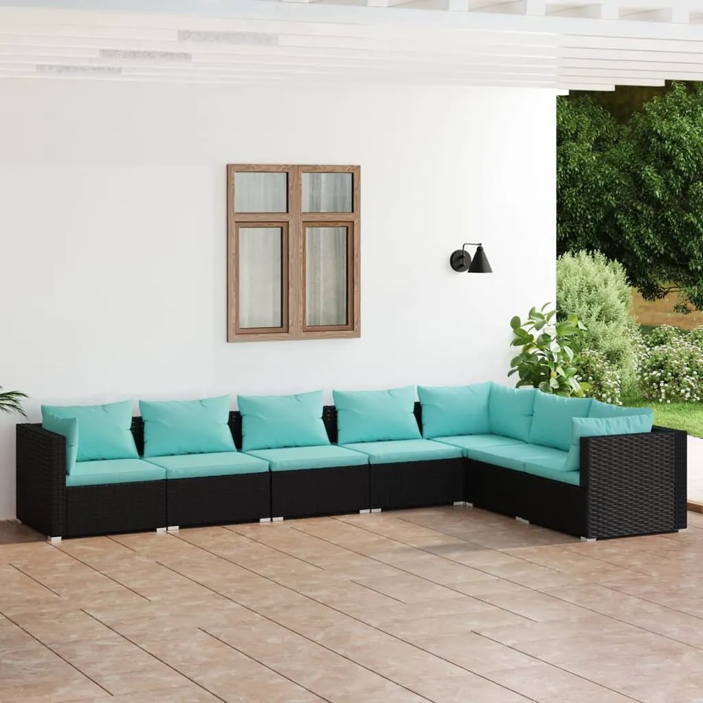 vidaXL 7 pcs conjunto lounge de jardim c/ almofadões vime PE preto