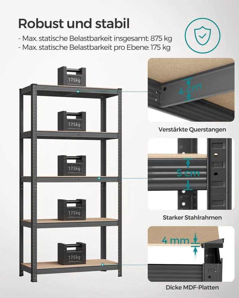 Estante de arrumação garagens, armazem, arrumos com 5 níveis 40 x 90 x 180 cm Cinzenta