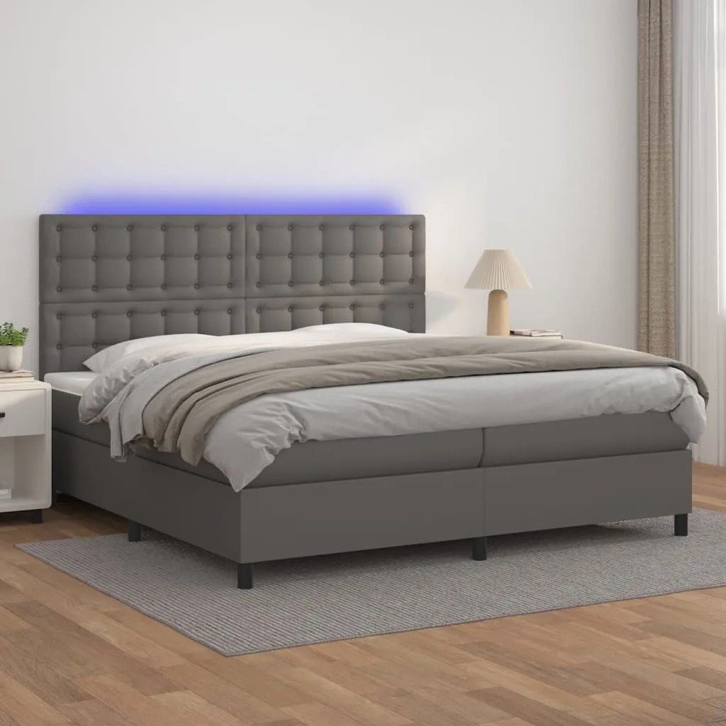 Cama box spring c/ colchão/LED 200x200cm couro artificial cinza