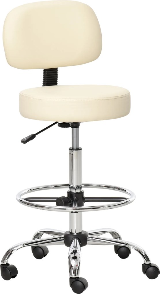 HOMCOM Banqueta de bar acolchoada com estrutura metálica, encosto, em couro sintético, regulável em altura, cadeira de cozinha com apoio para os pés, giratória 360° banco para balcão para cozinha, sala de estar, sala de jantar Bege | Aosom Portugal