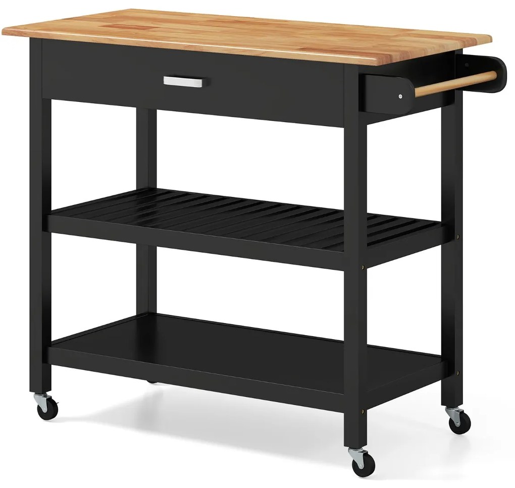 Carrinho de cozinha 106 cm x 50 cm x 89 cm com bancada de madeira, gaveta, 2 prateleiras abertas, barra para pendurar e rodas com travão, natural e pr
