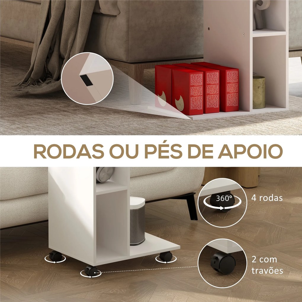 Mesa Auxiliar em Forma de C Mesa Auxiliar para Sofá com Rodas Comparti