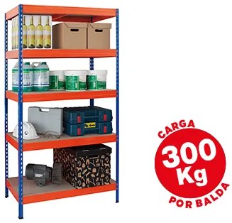 Estante Ar Storage Metálica 192x100x50cm 5 Prateleiras 300kg por Prat. em Madeira Sem Parafusos. Cor Azul/Laranja