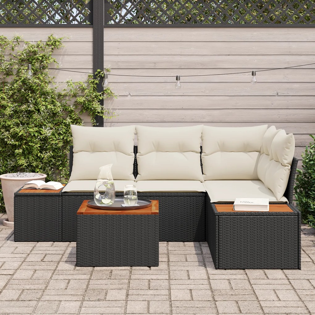Conjunto de Sofá para Jardim vidaXL de 5 Peças com Almofadas Preto Pol