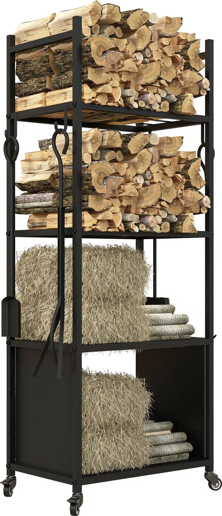 Suporte para Lenha com Rodas de 4 Níveis com Pá Escova Atiçador e Tenaz para Interior e Exterior 45x30x118 cm Preto