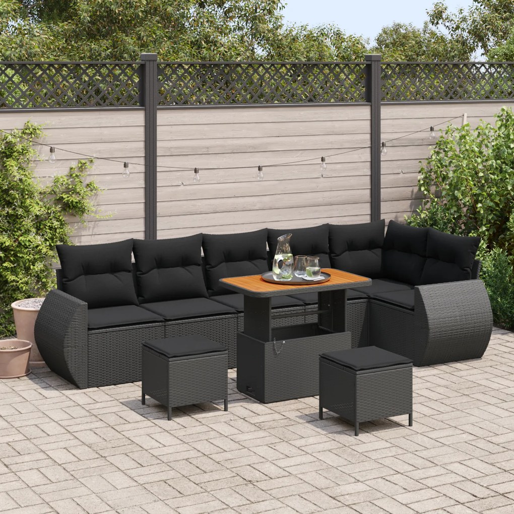 Conjunto de Sofá de Jardim com 9 Peças com Almofadas Preto Vime PE Acá