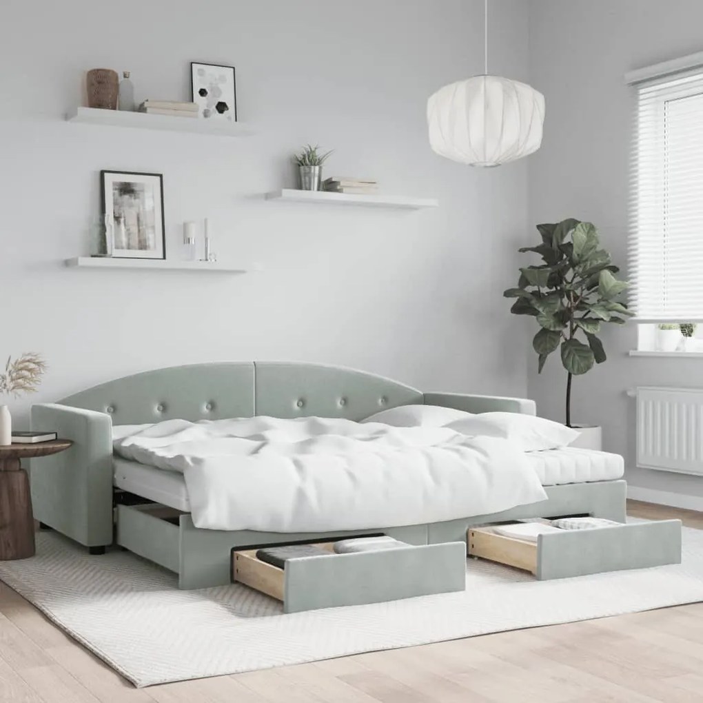 Sofá-cama c/ gavetão e gavetas 80x200 cm veludo cinzento-claro