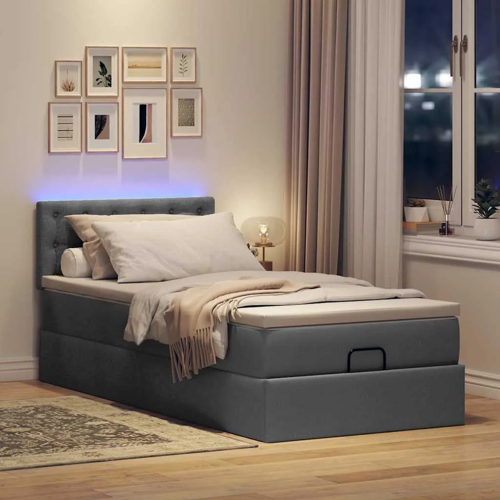 Cama otomana com colchão & LEDs 90x200cm tecido cinzento escuro