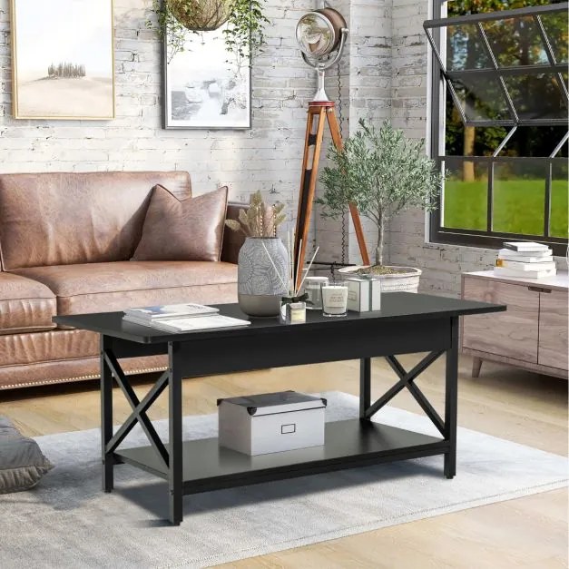 Mesa de centro retangular 110 x 60 x 48 cm industrial de 2 níveis com prateleira de armazenamento e estrutura metálica em forma de X Mesa preta