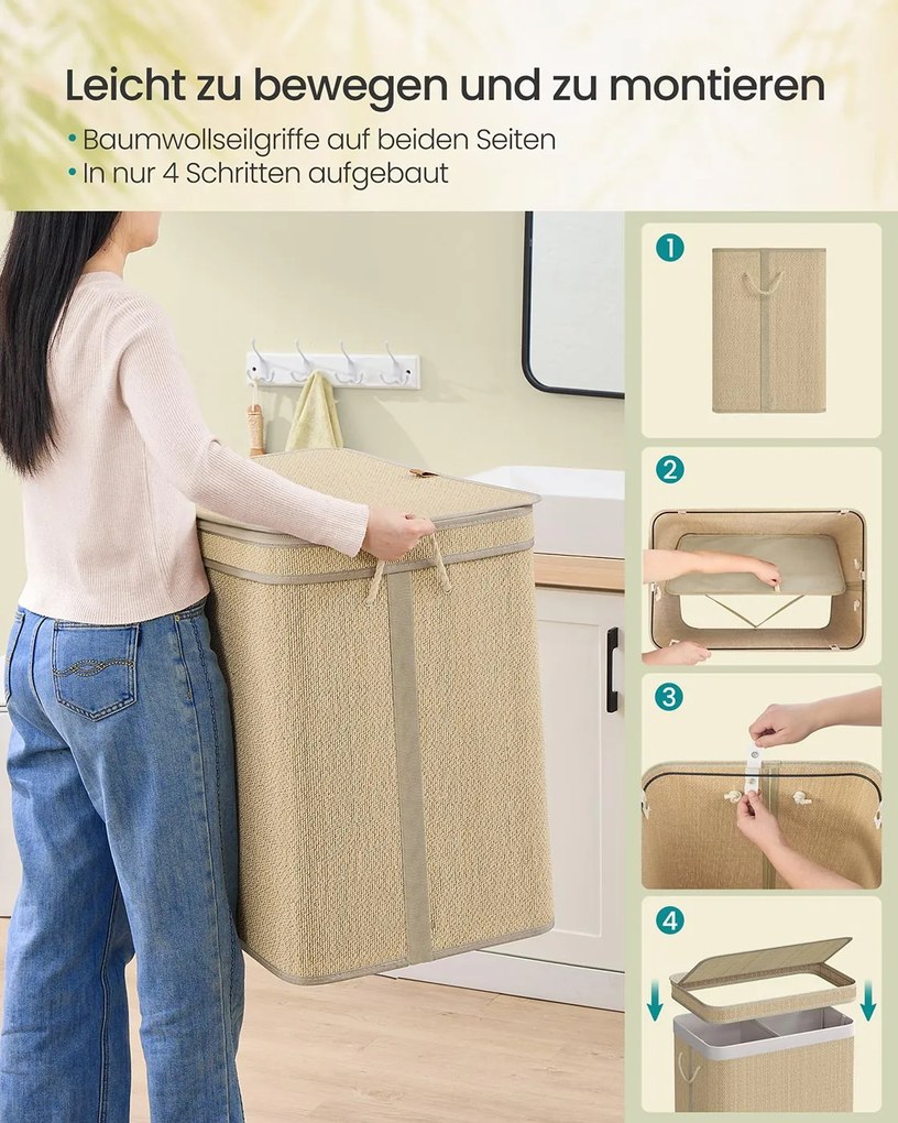 Cesto para roupa suja de 130 litros 67 x 44 x 61 cm em bambu com 2 compartimentos e tampa, cor natural