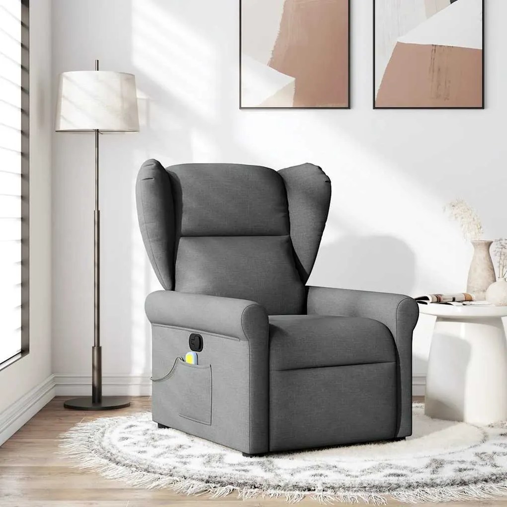 vidaXL Poltrona de massagens reclinável tecido cinzento-escuro