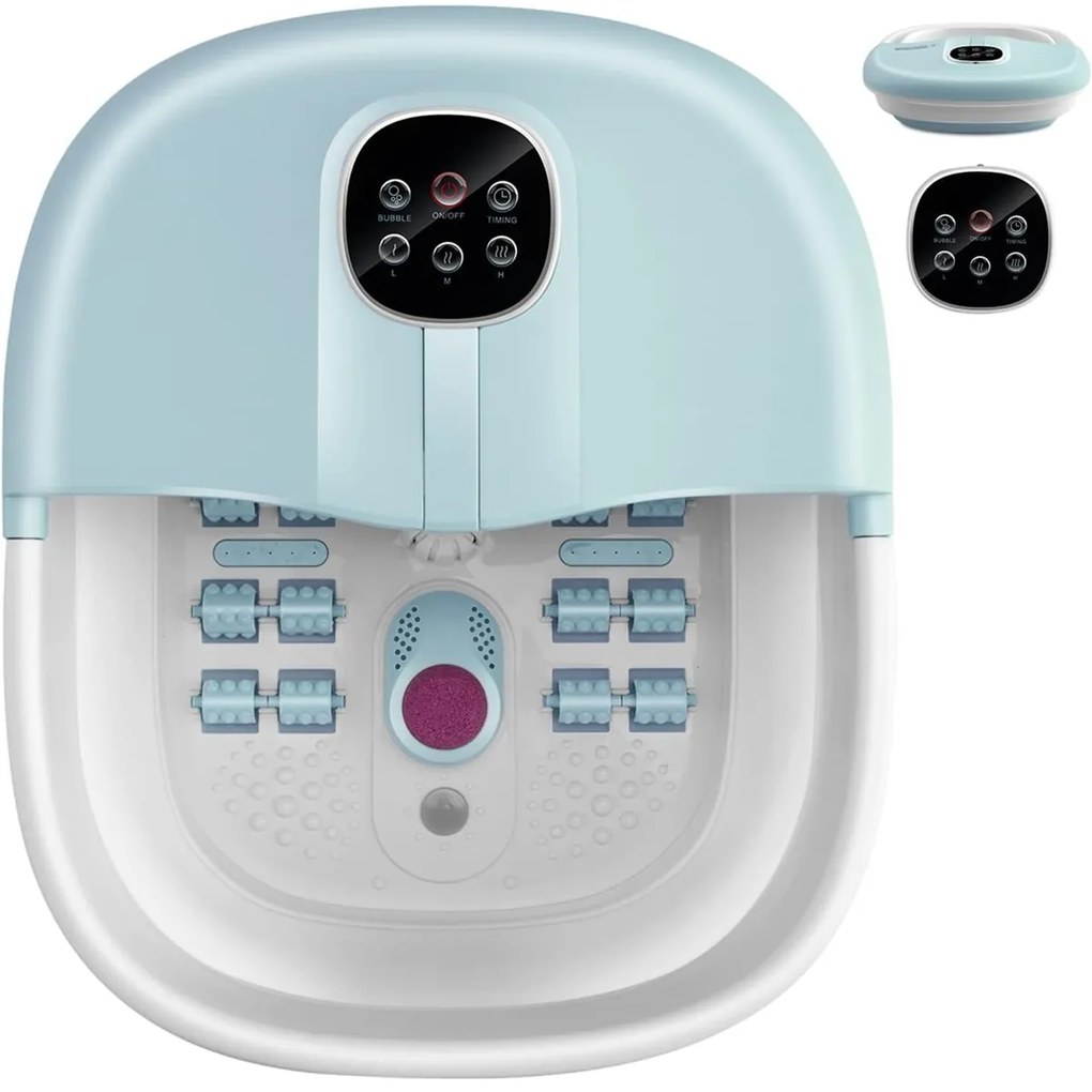 Massajador de pés com aquecedor, temperatura ajustável e controlo remoto, design dobrável azul