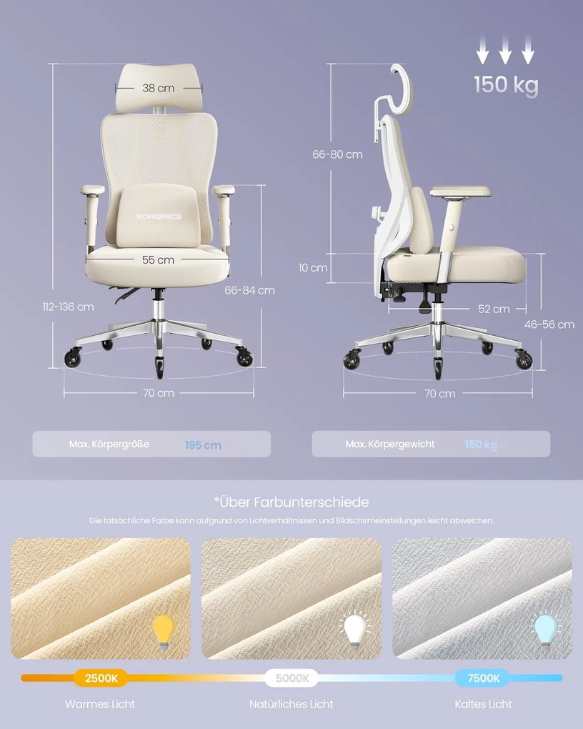 Cadeira de escritório ergonómica com apoio ajustável 70 x 70 x (112-136) cm, castanho-camelo e branco