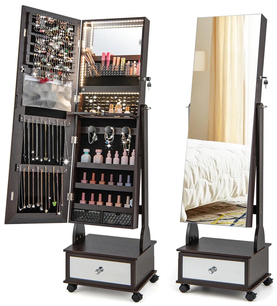 Armário para joias com fechadura de 47 polegadas com luzes LED de 3 cores - branco