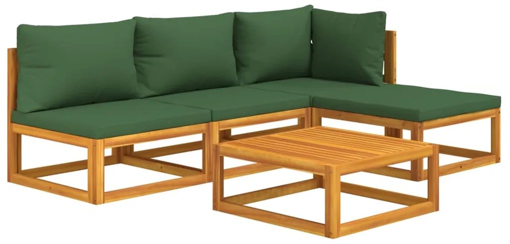 5 pcs conj. lounge jardim madeira c/almofadões verdes