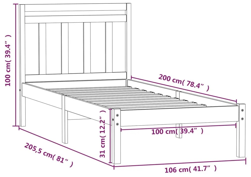 Estrutura de cama 100x200 cm pinho maciço