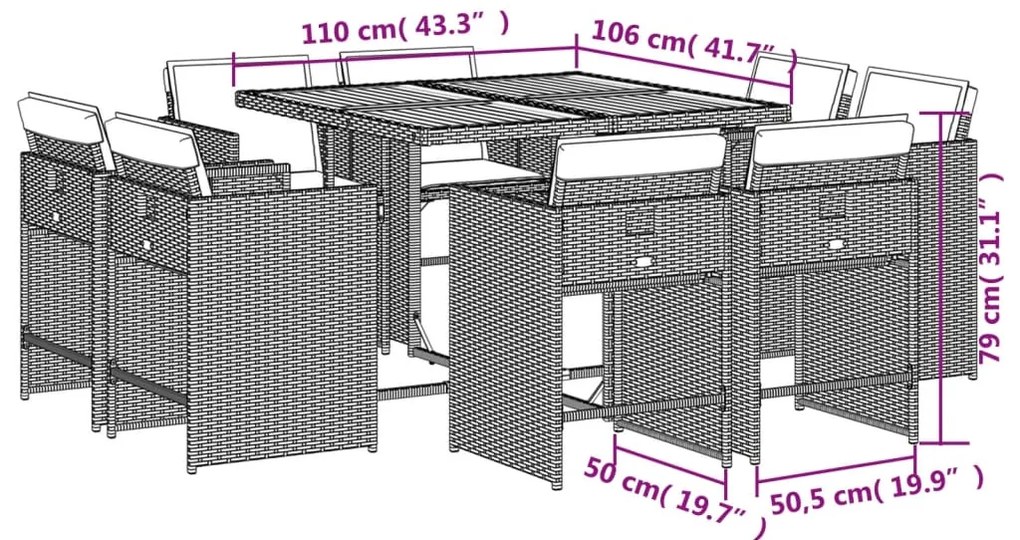 9 pcs conjunto de jantar p/ jardim com almofadões vime PE bege