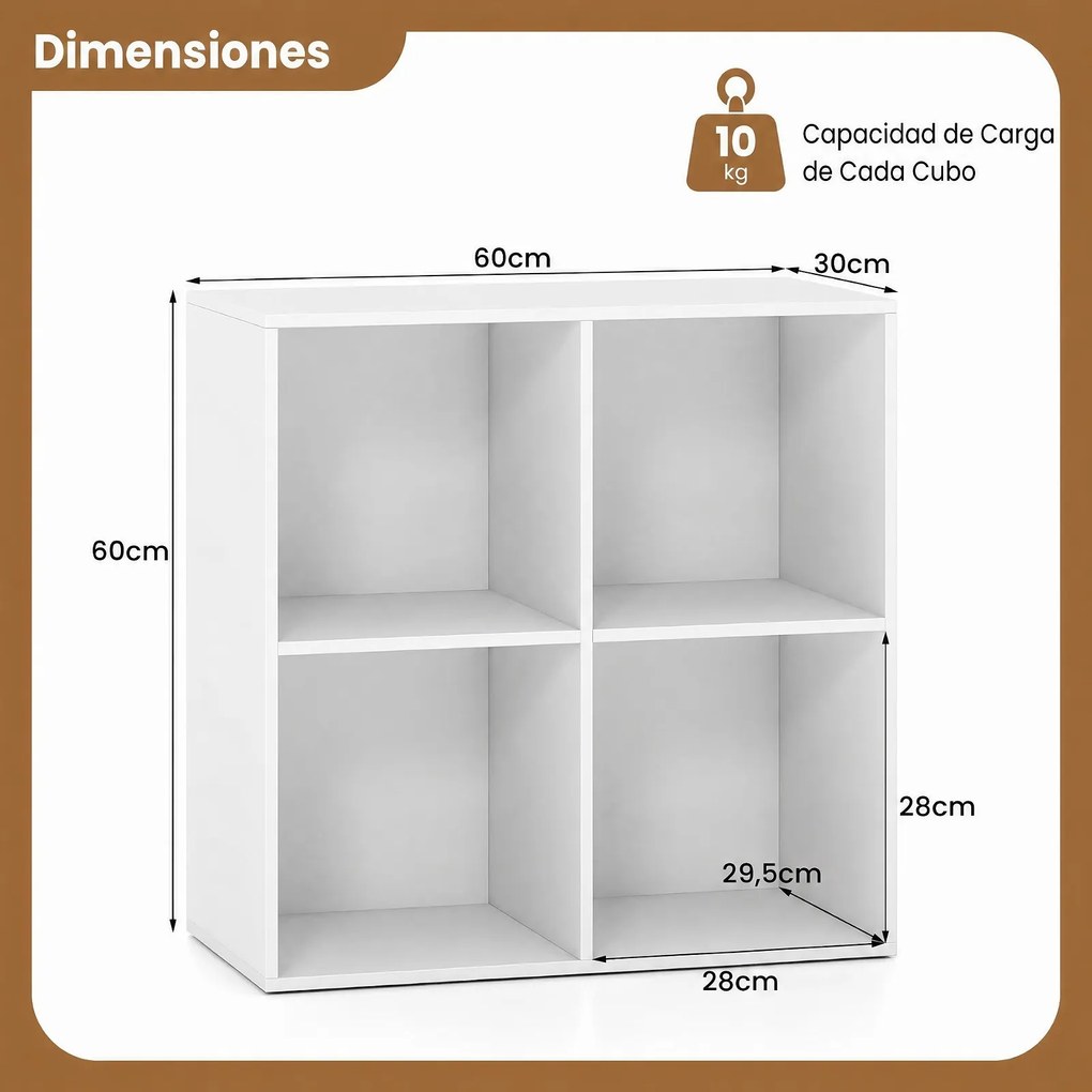 Estante Organizadora de Cubos, 60 x 30 x 60 cm, 4 Compartimentos, Branco