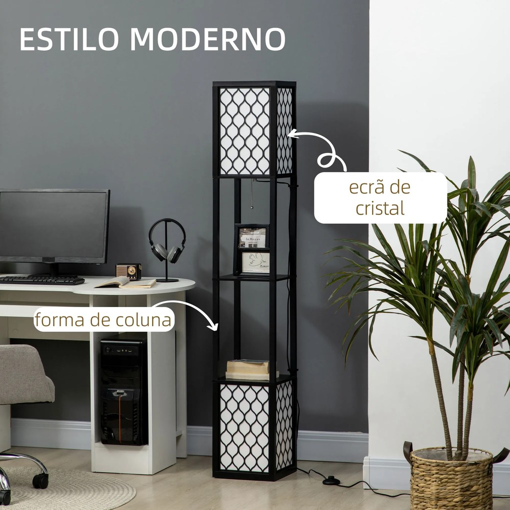 Candeeiro de Pé de Madeira com Estantes Lâmpada E27 Máx. 40W com Interruptor 26x26x156cm Preto e Branco