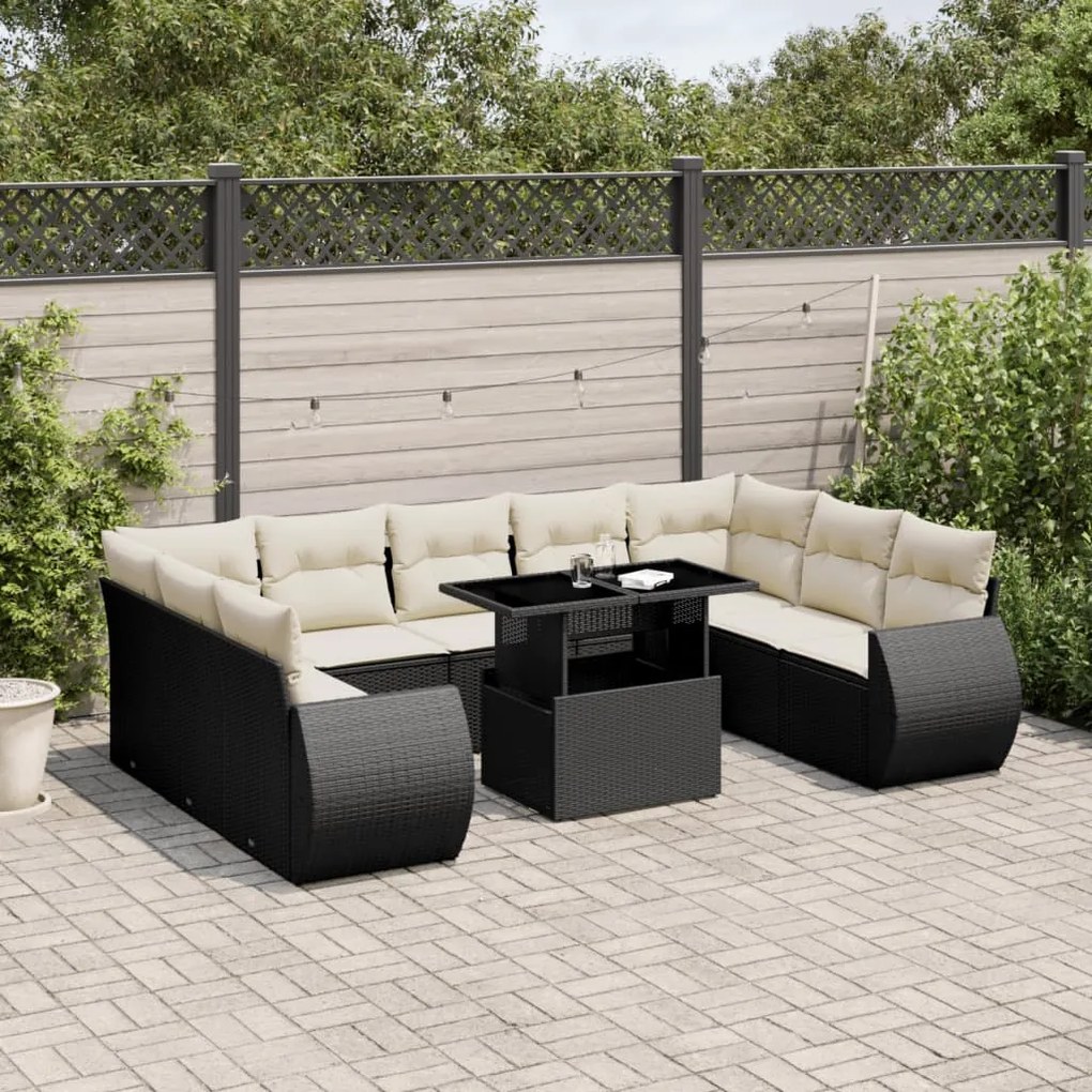 vidaXL 10 pcs conjunto sofás de jardim c/ almofadões vime PE preto