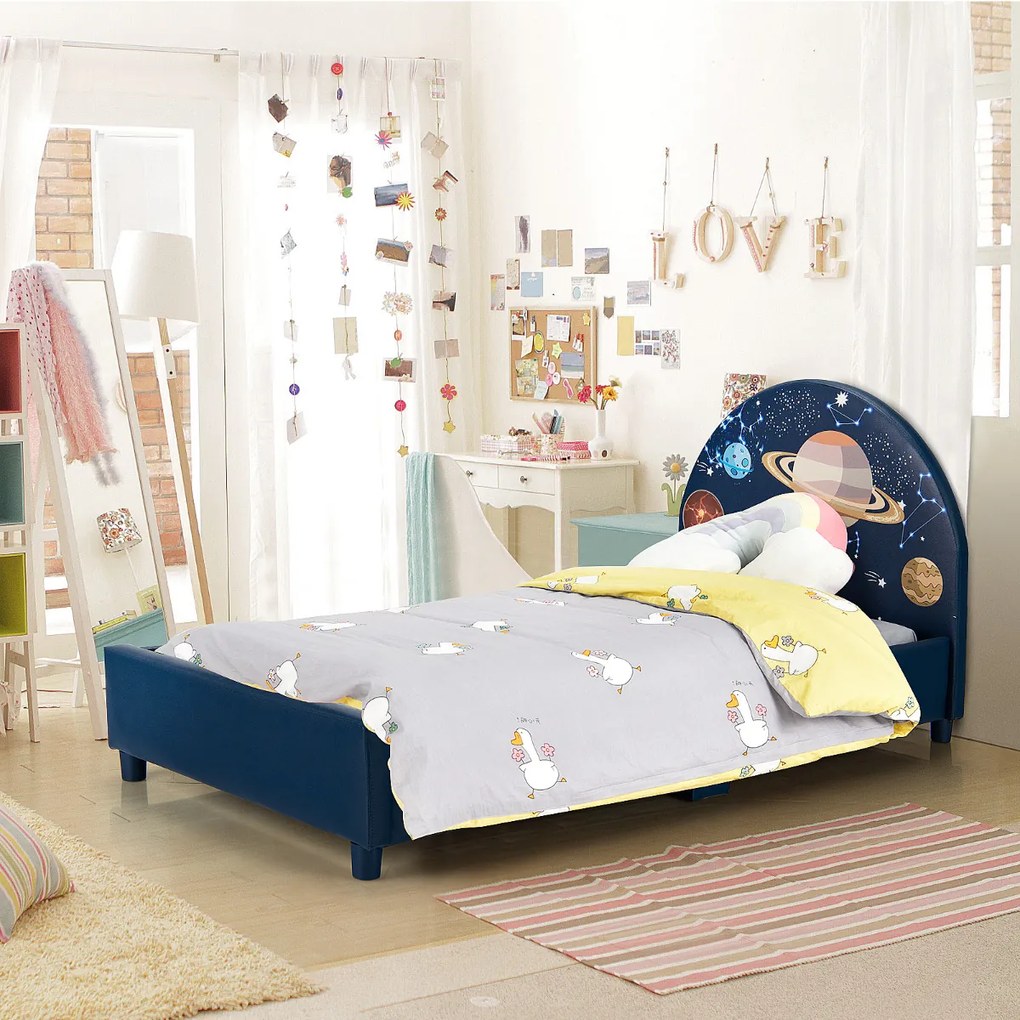 Base de Cama de Criança Galáxia Base de Cama com Cabeceira Alta de Madeira 153 x 77 x 70 cm Azul