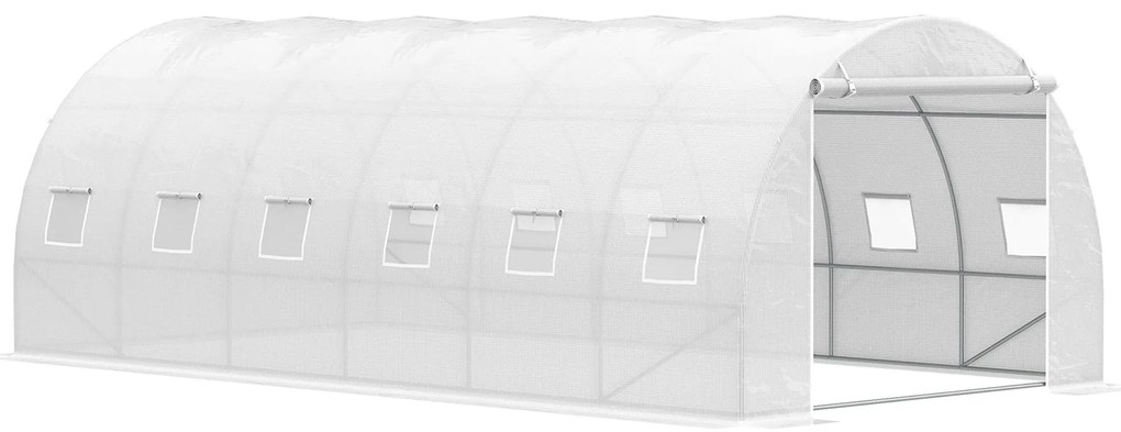 Outsunny Estufa de Túnel 600x300x200cm com Porta Enrolável 12 Janelas Cobertura de PE 140g/m² e Metal Galvanizado para Cultivos de Plantas Verduras Branco