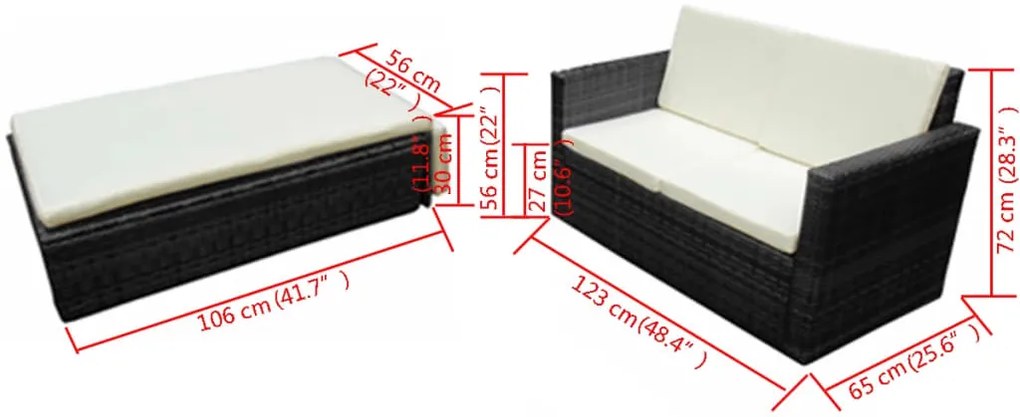 2 pcs conjunto lounge de jardim c/ almofadões vime PE preto