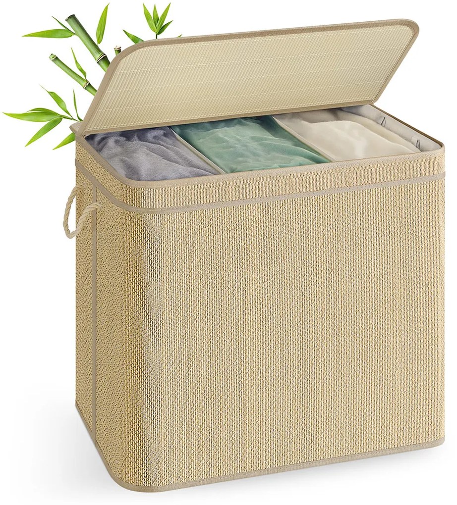 Cesto para roupa suja de 170 litros 67 x 44 x 61 cm em bambu com 3 compartimentos e tampa, cor natural