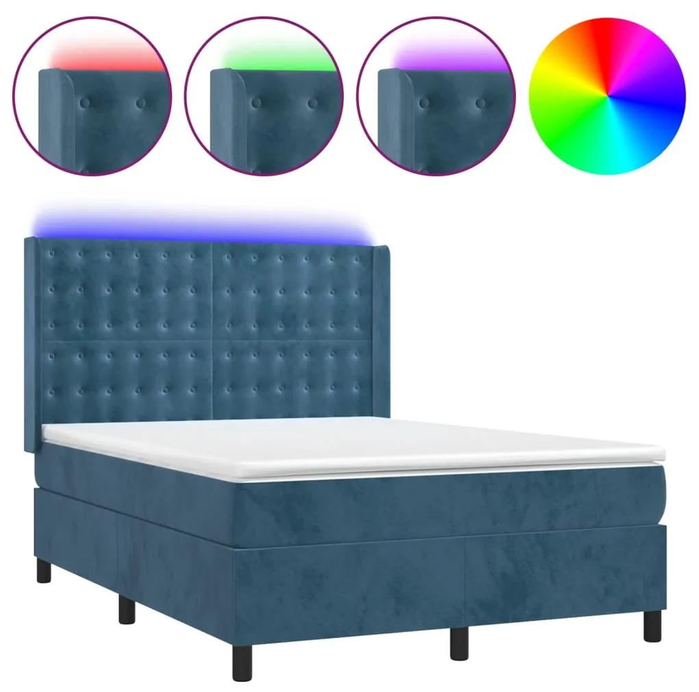 Cama box spring c/ colchão/LED 140x200 cm veludo azul-escuro