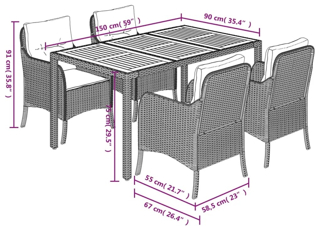 5 pcs conjunto de jantar p/ jardim c/ almofadões vime PE cinza