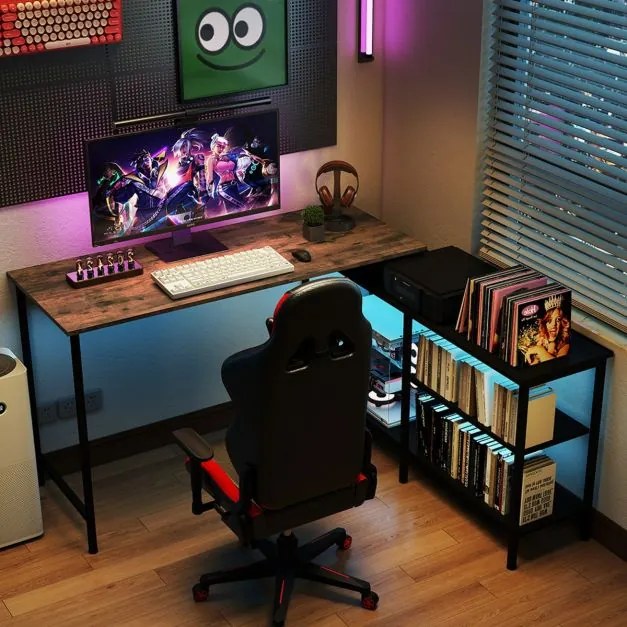 Secretária reversível 135 x 120 x 74,5 cm em forma de L de canto para computador e jogos com 2 prateleiras de armazenamento Castanho rústico + preto