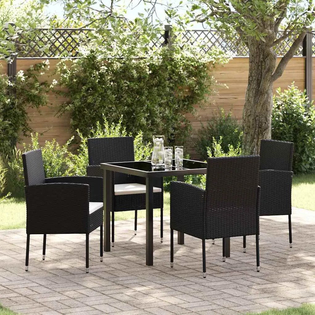 vidaXL Conjunto de Jantar para Jardim com 5 Peças da , com Almofadas de Rattan Sintético Preto