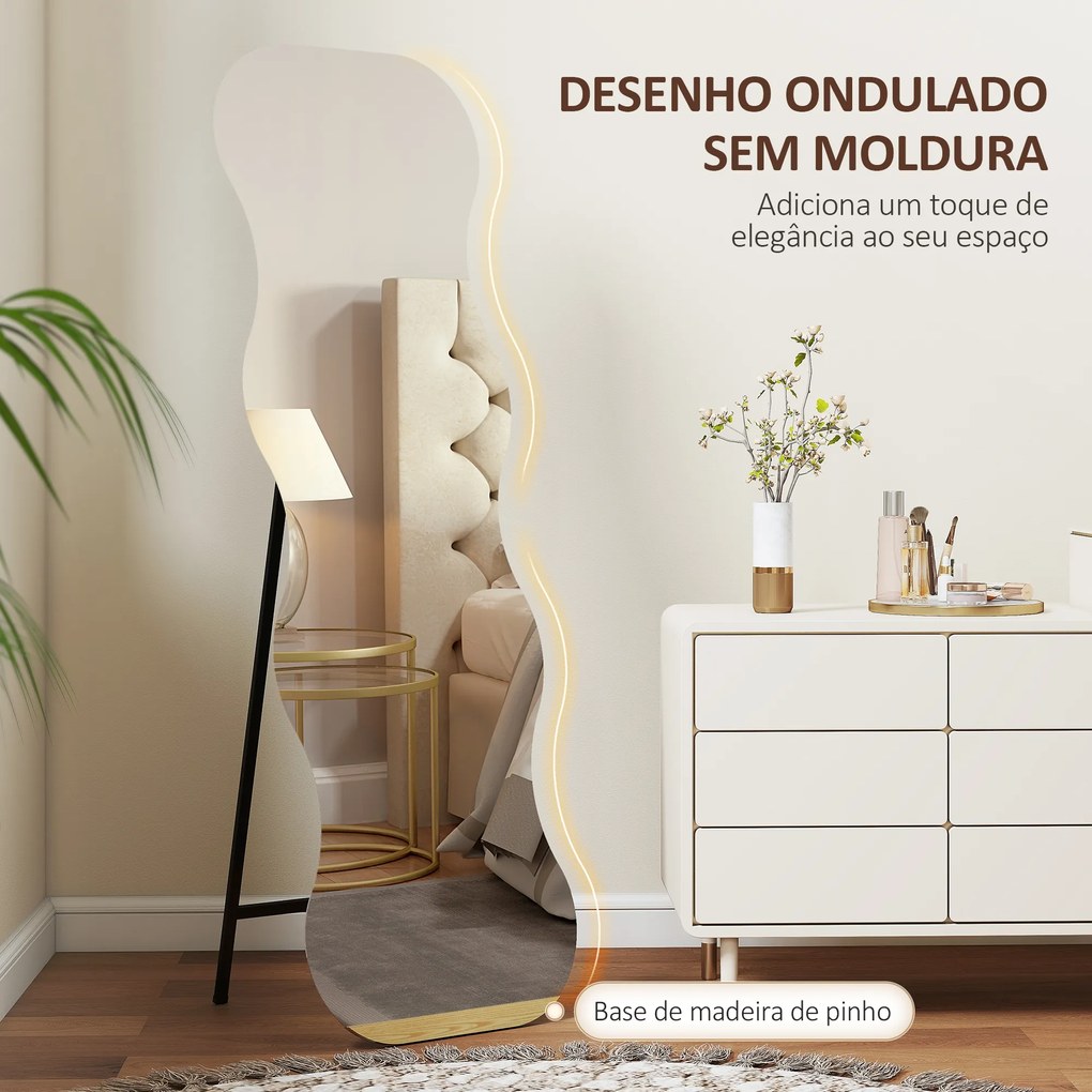 Espelho de Pé 160x50 cm sem Moldura Espelho de Corpo Inteiro com Forma Ondulada Suporte e Base de Madeira Preto
