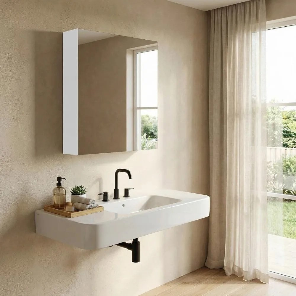 Armário casa banho suspenso com espelho 13 x 50 x 60 cm, armário de arrumação com prateleiras ajustáveis, moderno branco