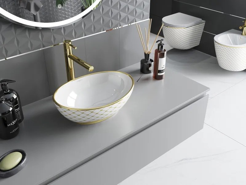 Mexen Elza lavatório de bancada 40 x 33 cm, branco/dourado padrão xadrez - 21014009