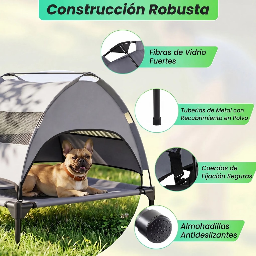 Cama Elevada para Cães, 78,5 x 63 x 70 cm, Toldo Desmontável, Cinzento