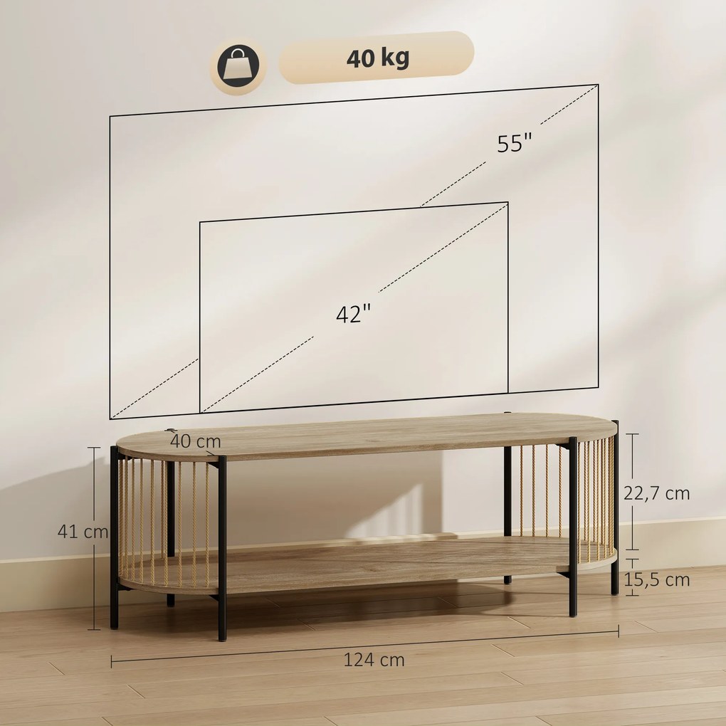 Móvel de TV Estilo Boémio Móvel de TV até 55 Polegadas com Detalhes em Corda de Papel e 2 Prateleiras Abertas 124x43,5x41 cm Madeira