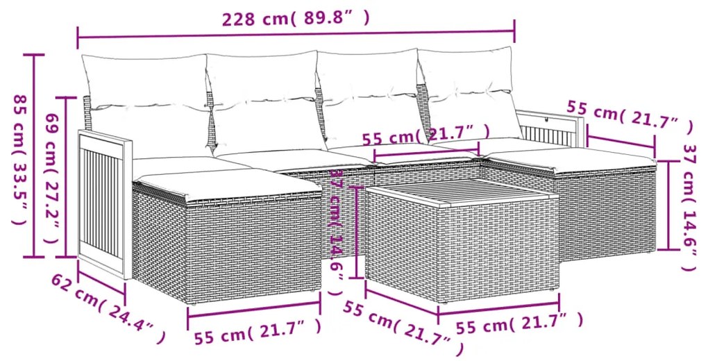 7 pcs conjunto de sofás p/ jardim com almofadões vime PE bege