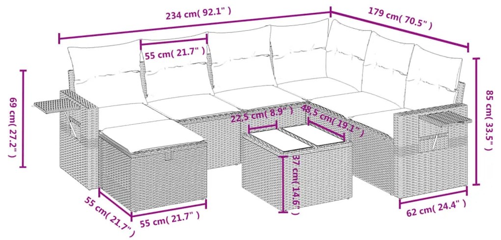 8 pcs conj. sofás jardim c/ almofadões vime PE cinzento-claro