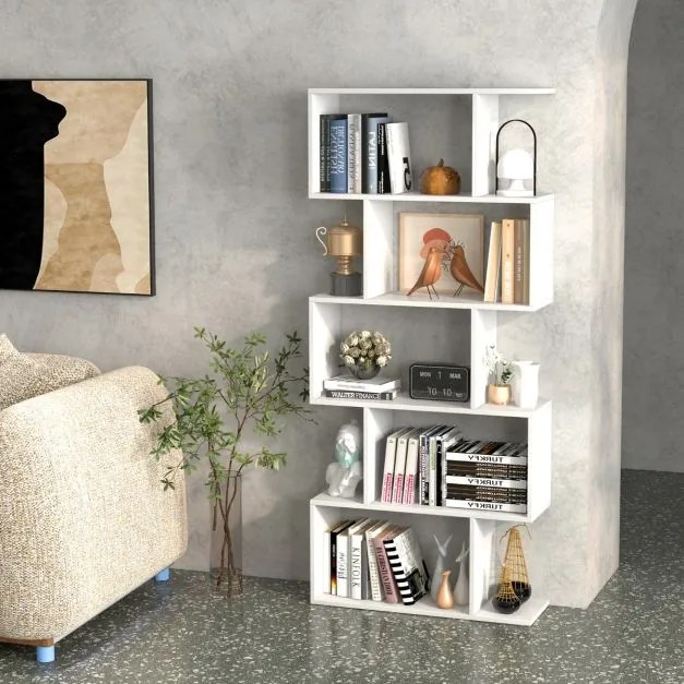 Estante de 5 níveis em forma de S com dispositivo anti-queda Divisória de sala 70 x 23,5 x 158 cm Branca